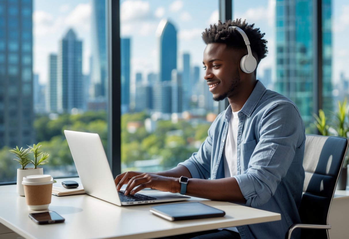 Remote Work Incentives: Cities That Pay Remote Workers to Relocate A young professional working on a laptop in a bright home office with a city skyline visible through a large window.