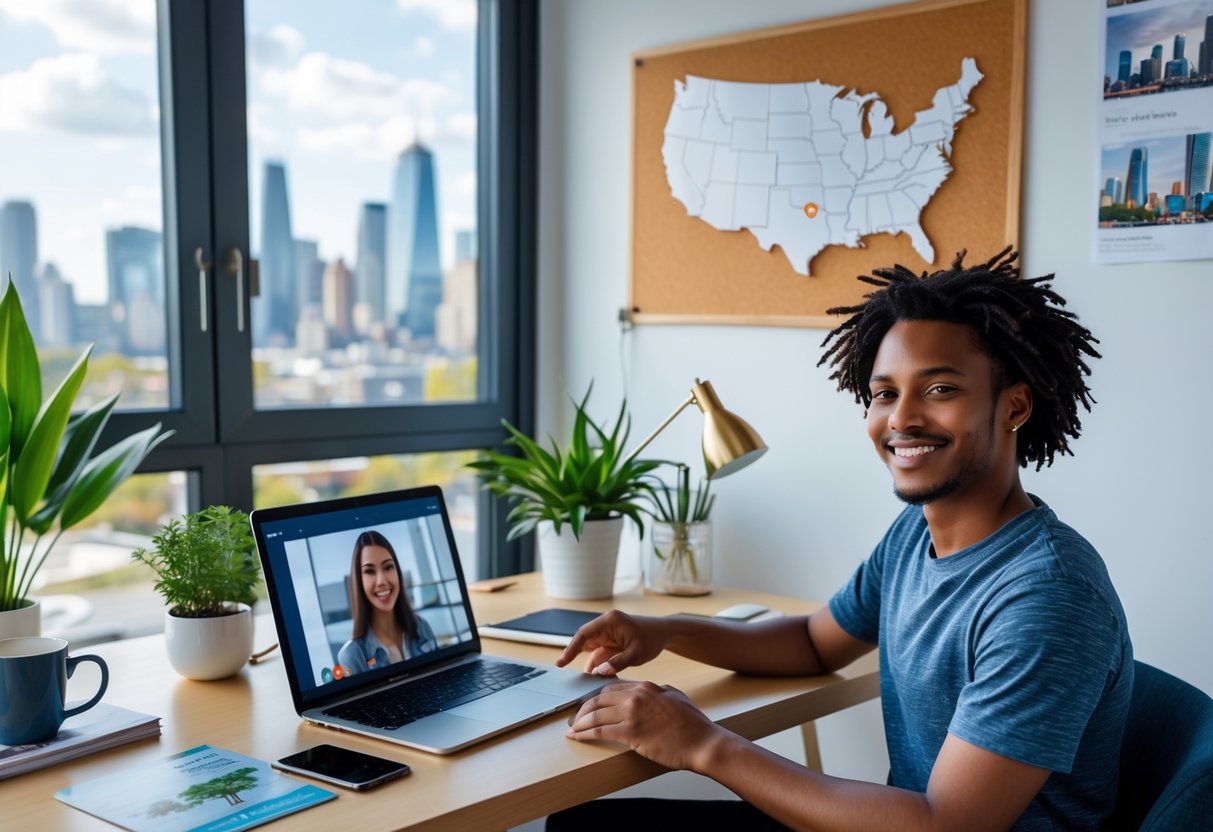 Remote Work Incentives: Cities That Pay Remote Workers to Relocate A young professional working on a laptop at a home office desk with a city map and relocation brochures in the background, with a window showing an urban skyline.