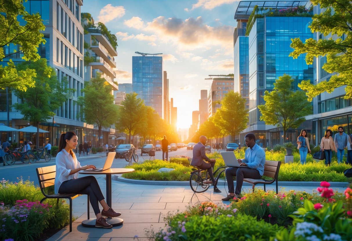 A diverse group of people working and relaxing outdoors in a modern city with greenery, high-rise buildings, and community activity.