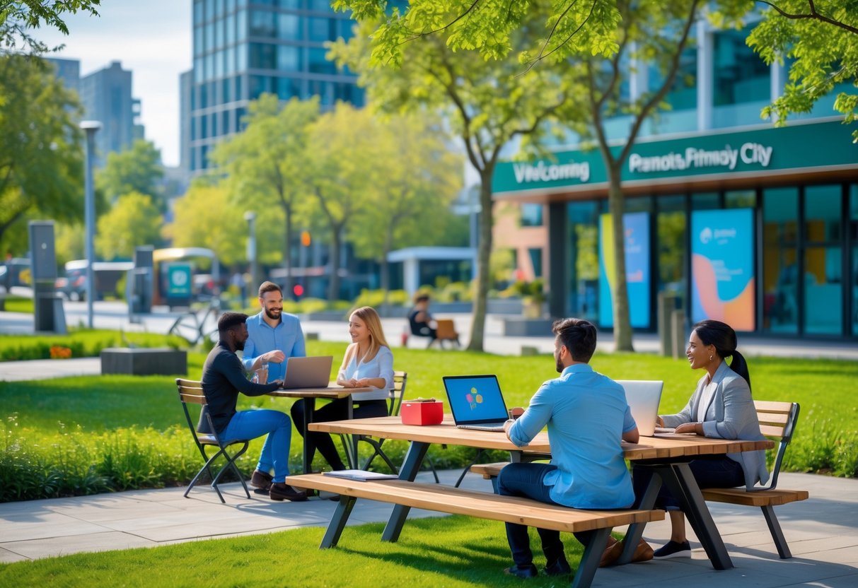 A diverse group of people working together outdoors in a city park with laptops and devices, surrounded by green trees and modern buildings.