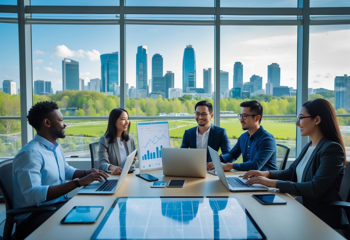A diverse group of remote workers collaborating in a bright co-working space with a city skyline visible through large windows.