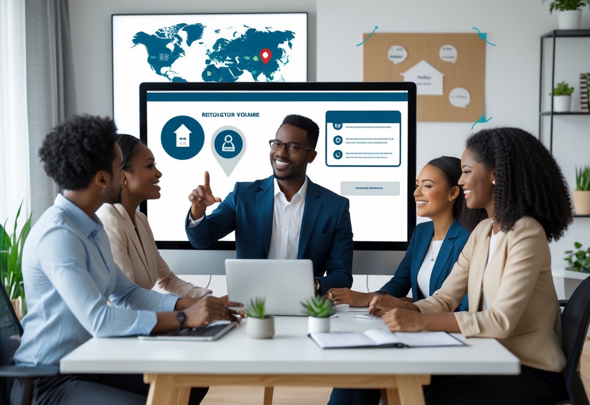 Three professionals in a home office having a video conference, with a world map, moving box, and training materials visible in the background.