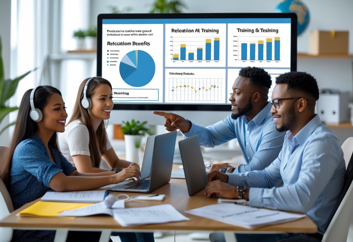 A diverse group of remote workers collaborating in a video call from their home offices with symbols of relocation and training benefits around them.