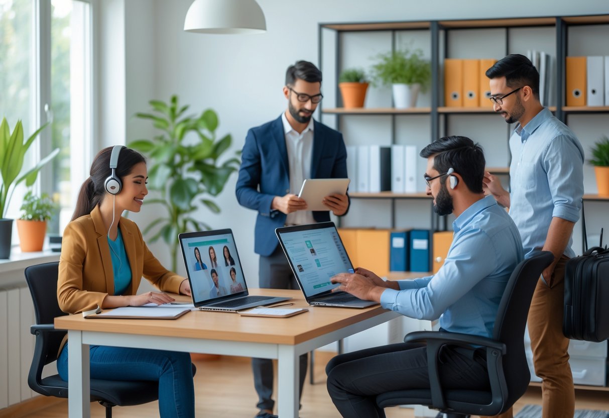 A diverse group of remote workers in a bright home office, one on a video call, another reviewing materials, and a person packing a suitcase.