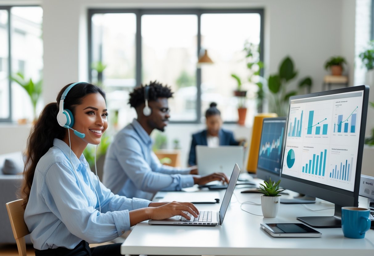 Young professionals working remotely from a bright home office with laptops and computers.