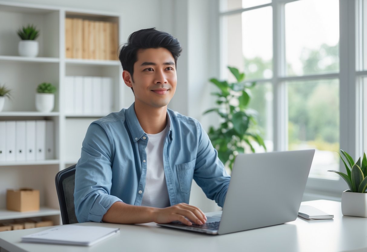A young person working on a laptop in a bright home office with a bookshelf and window in the background.