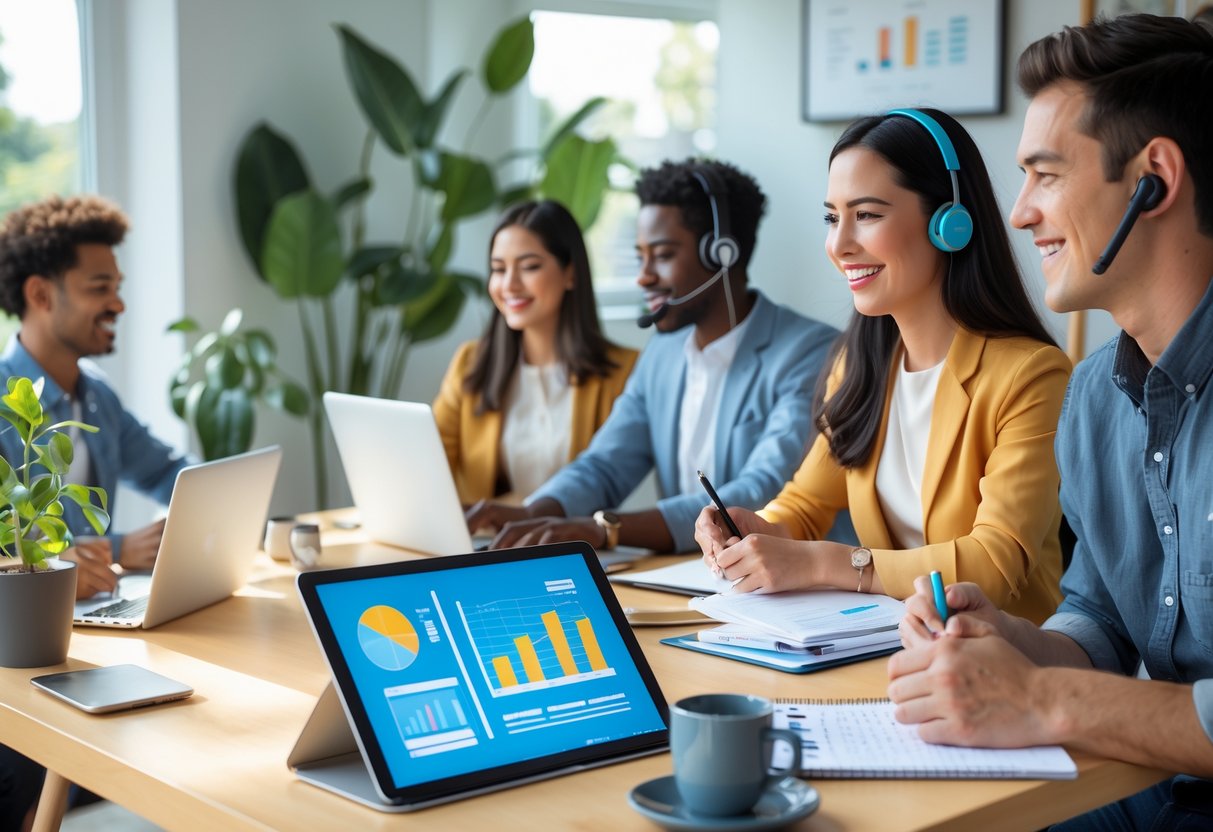 A group of young professionals working remotely from a home office, using laptops, headsets, and writing notes at a desk.