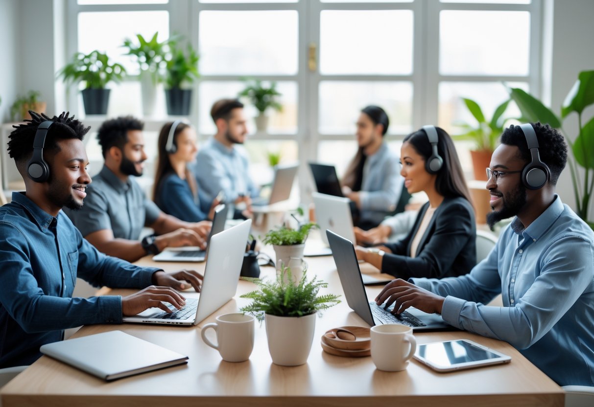 A diverse group of people working remotely on laptops and tablets in a bright home office setting.