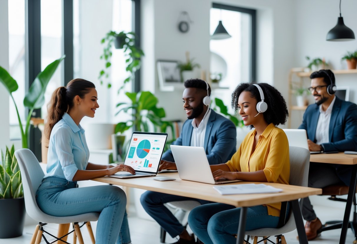 A diverse group of adults working remotely from home in a bright home office, using laptops and headsets.