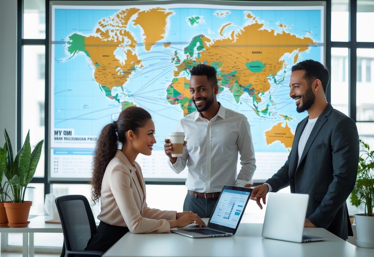 A group of young professionals in an office reviewing job listings and a world map with pins indicating relocation opportunities.
