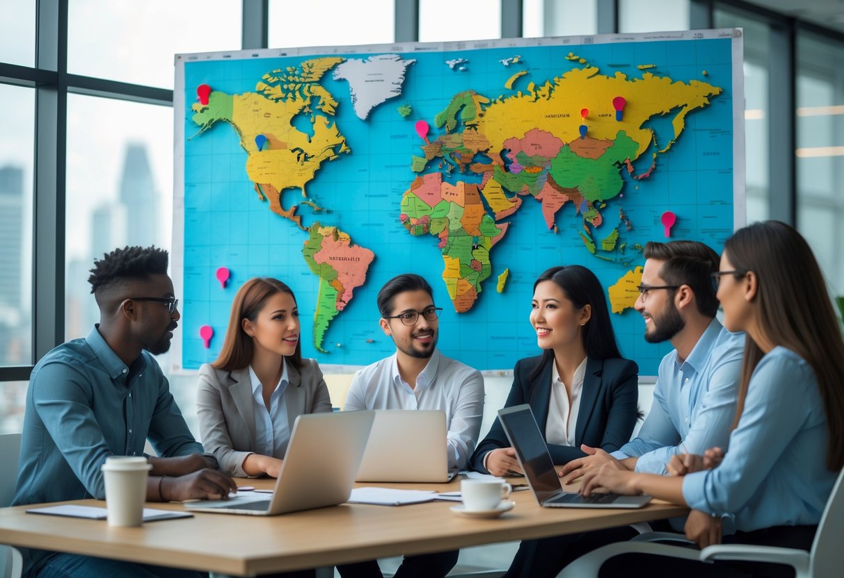 A group of professionals discussing a world map in a modern office, planning relocation and remote work opportunities.