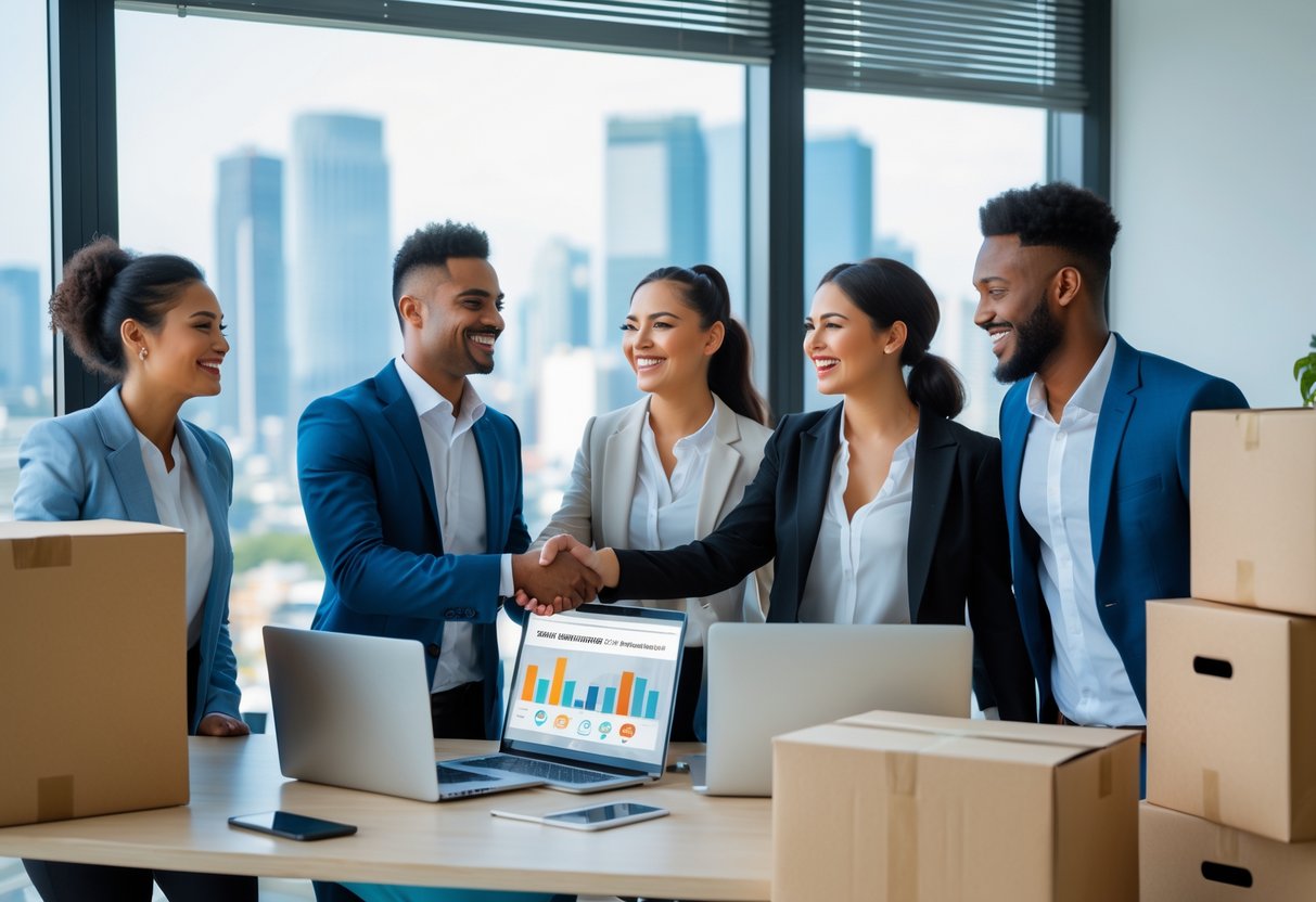 A diverse group of professionals in an office celebrating a successful job relocation with moving boxes and a city view outside the window.