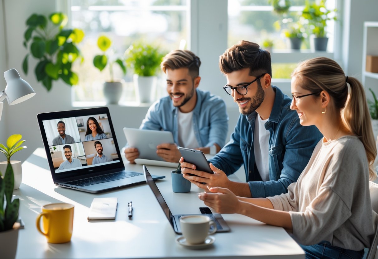 A group of diverse young professionals working remotely from a bright home office with laptops, tablets, and smartphones.