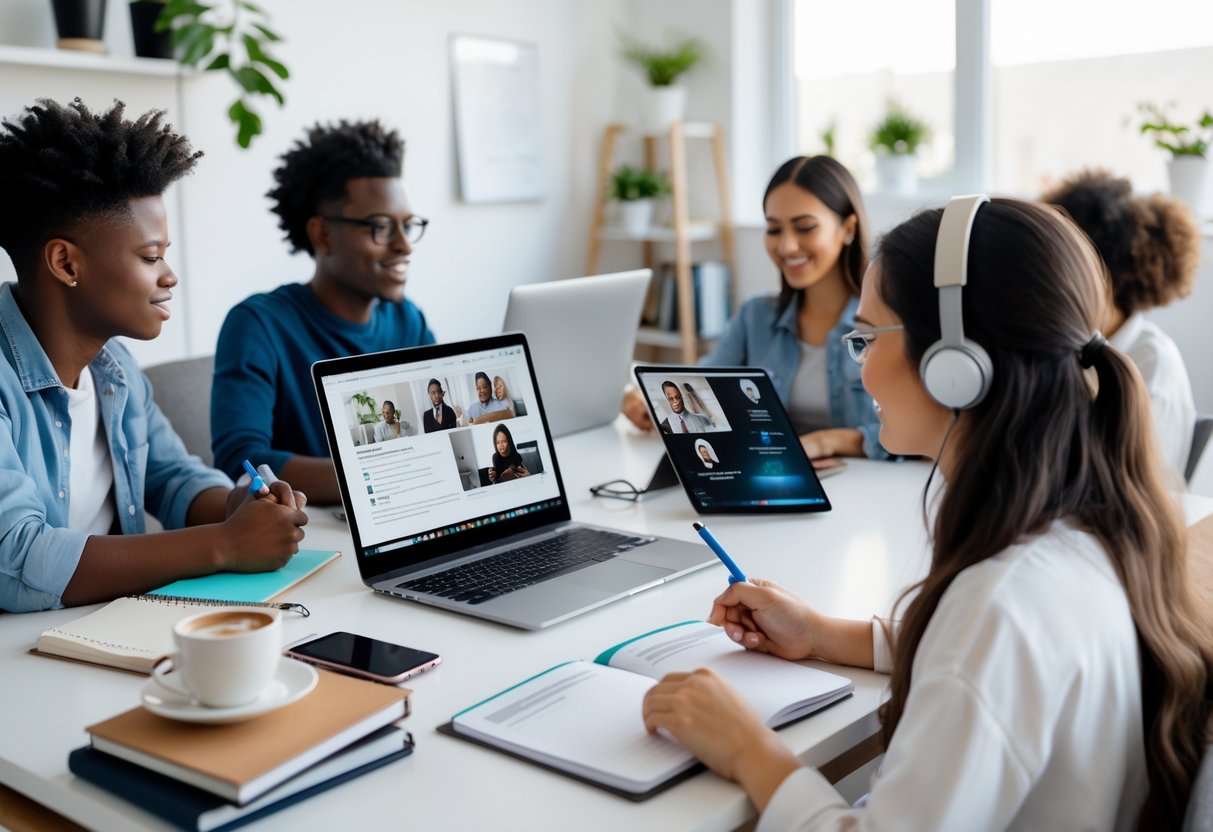 People working remotely at home using laptops and tablets, learning new skills in a bright, organized workspace.
