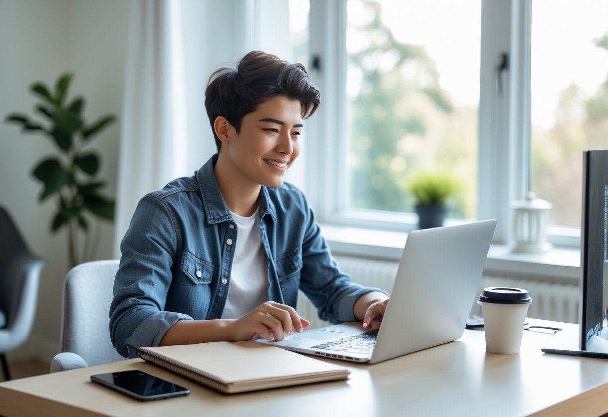 A young professional working on a laptop at a tidy home office desk with natural light coming through a window.