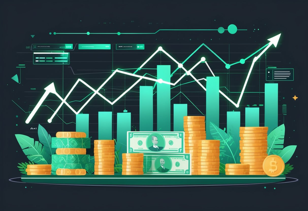 Ilustrasi adegan keuangan dengan uang rupiah, grafik keuangan, dan latar kota modern.