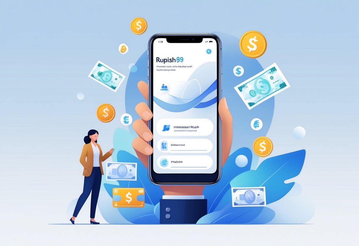 Ilustrasi seseorang memegang ponsel dengan tampilan antarmuka aplikasi keuangan dan simbol mata uang rupiah di sekitarnya.