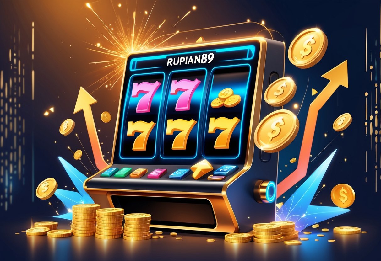 Ilustrasi mesin slot digital dengan koin emas dan simbol keberuntungan yang menunjukkan suasana kemenangan dan keuntungan.