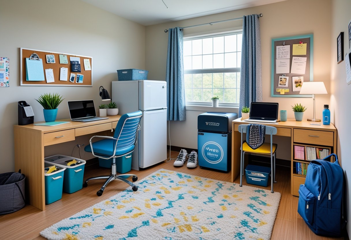 A tidy college dorm room with a bed, desk with laptop and books, bookshelf, laundry basket, mini fridge, chair, and various personal items neatly arranged.