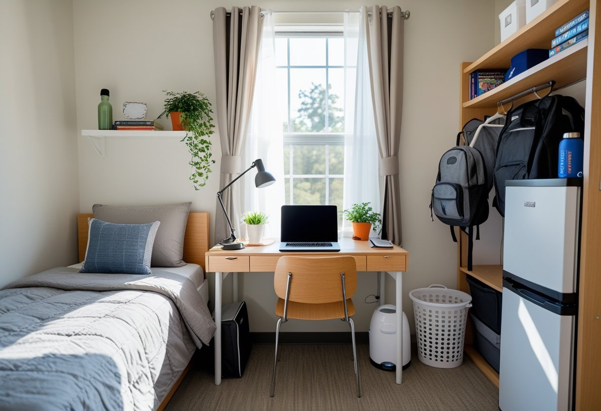 A clean and organized college dorm room with a bed, desk with laptop and study materials, storage shelves, a mini fridge, and various essential student items arranged neatly.
