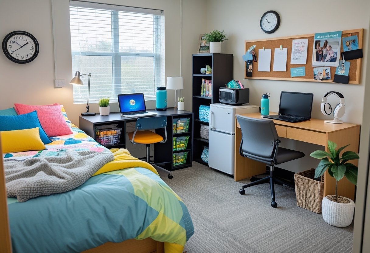 A college dorm room with a bed, desk with laptop and books, bookshelf, laundry basket, mini fridge, desk lamp, corkboard with photos, water bottle, headphones, throw blanket, plant, wall clock, and chair.