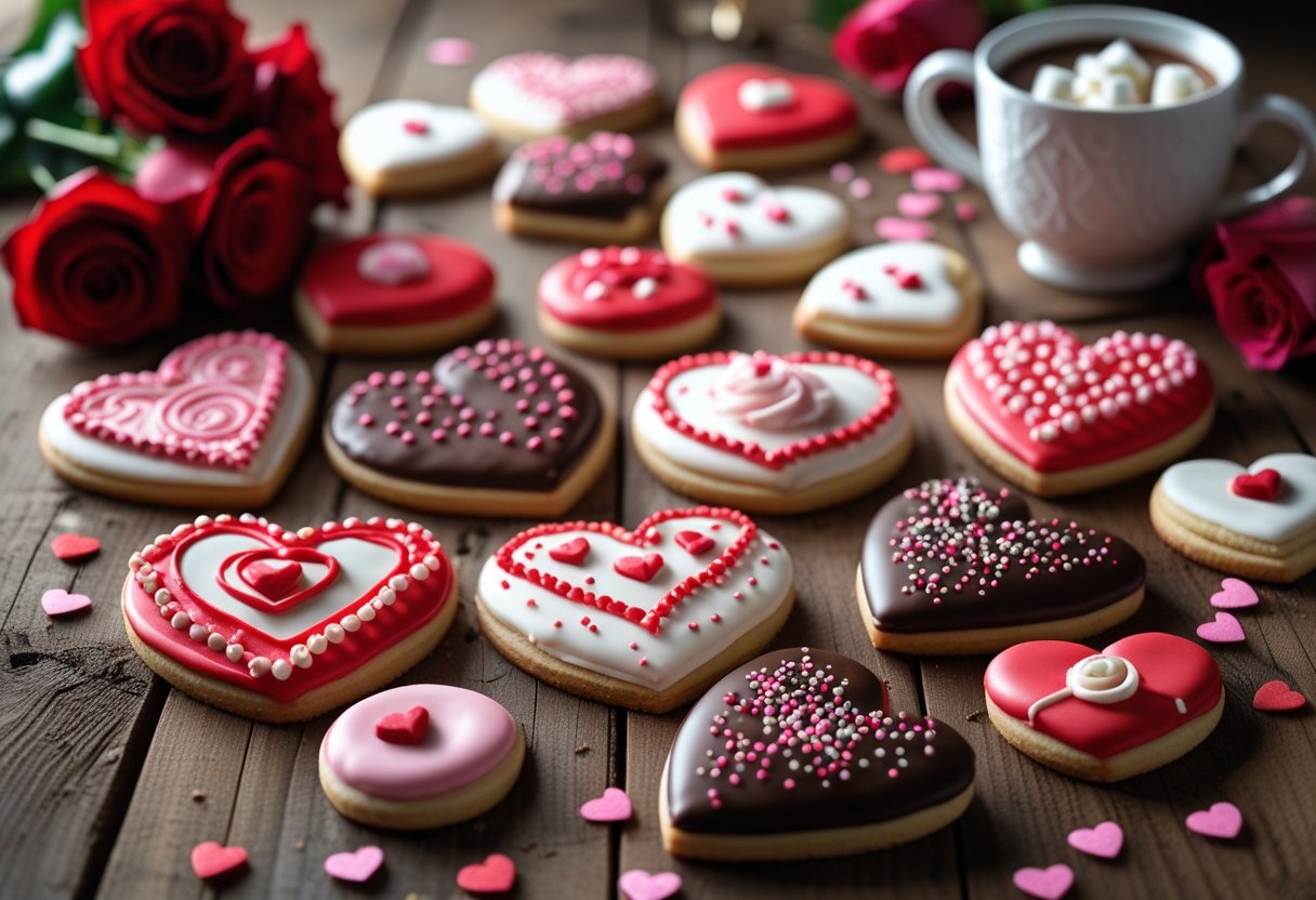 An assortment of Valentine's Day themed cookies in various heart and love shapes decorated with red, pink, and white icing arranged on a wooden table with roses and a cup of hot cocoa in the background.