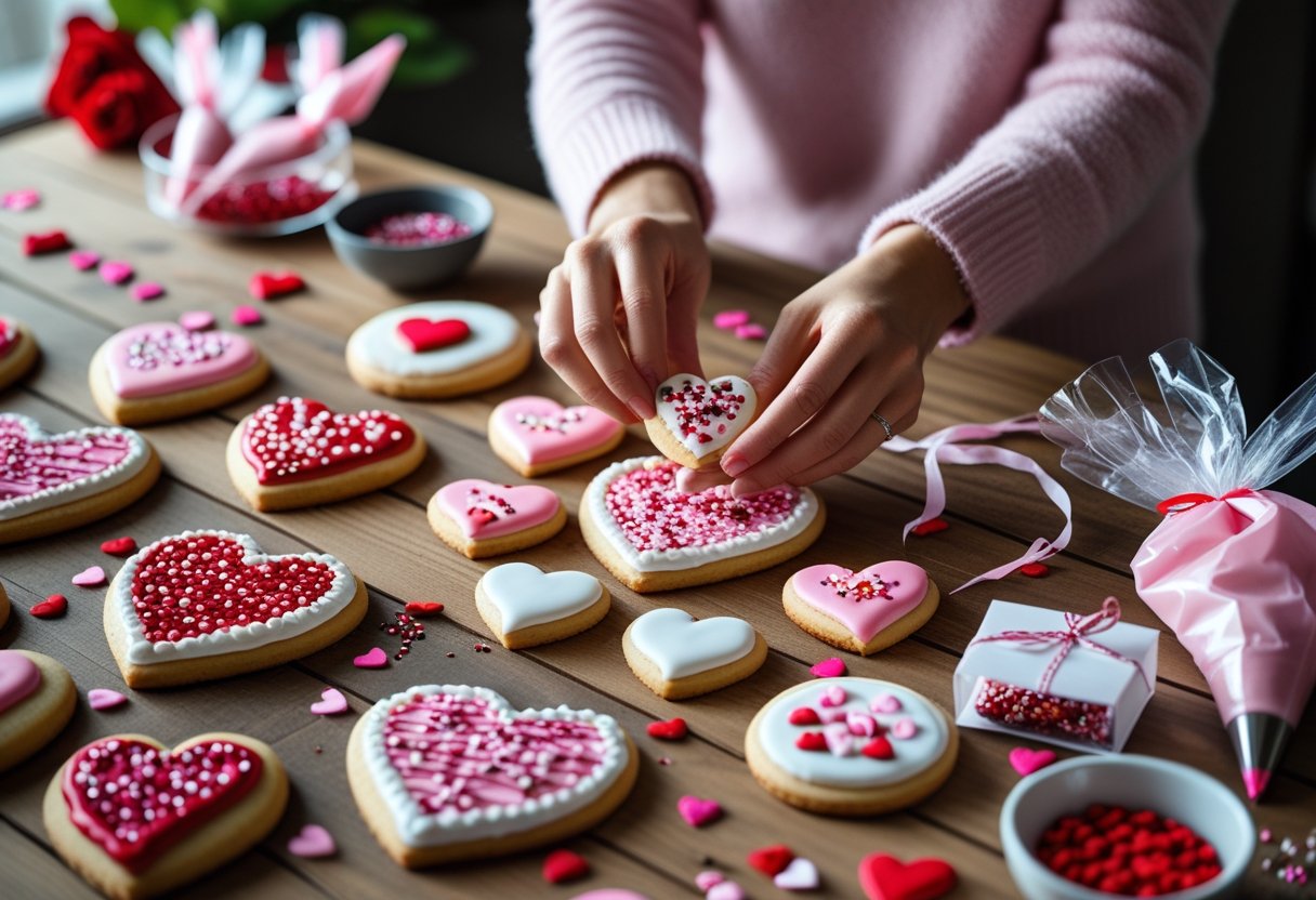Hands decorating and packaging heart-shaped Valentine's Day cookies on a wooden table with icing, sprinkles, and ribbons.