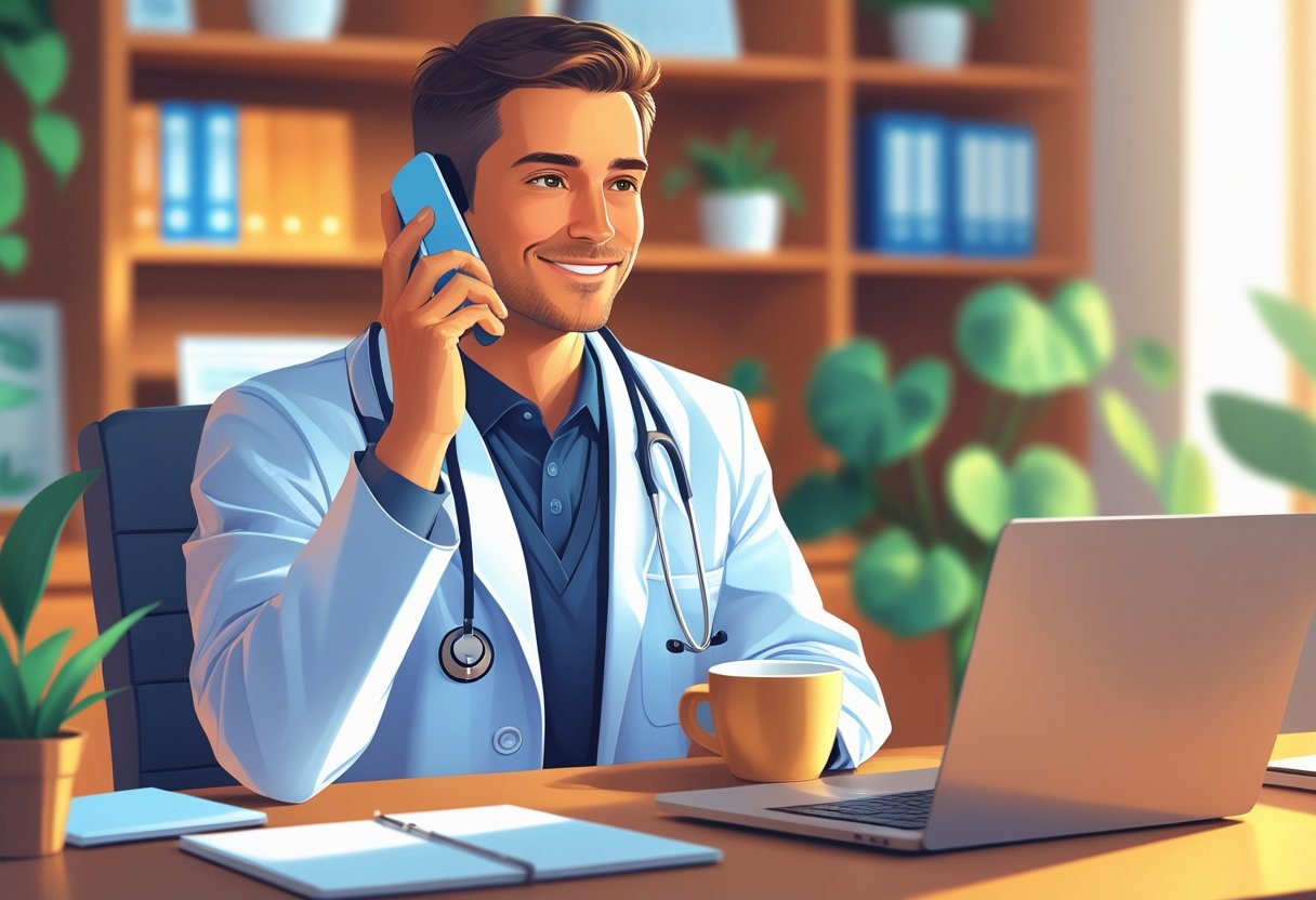 Um médico falando ao telefone em um ambiente de escritório, com laptop e anotações na mesa, transmitindo uma consulta médica por telefone.