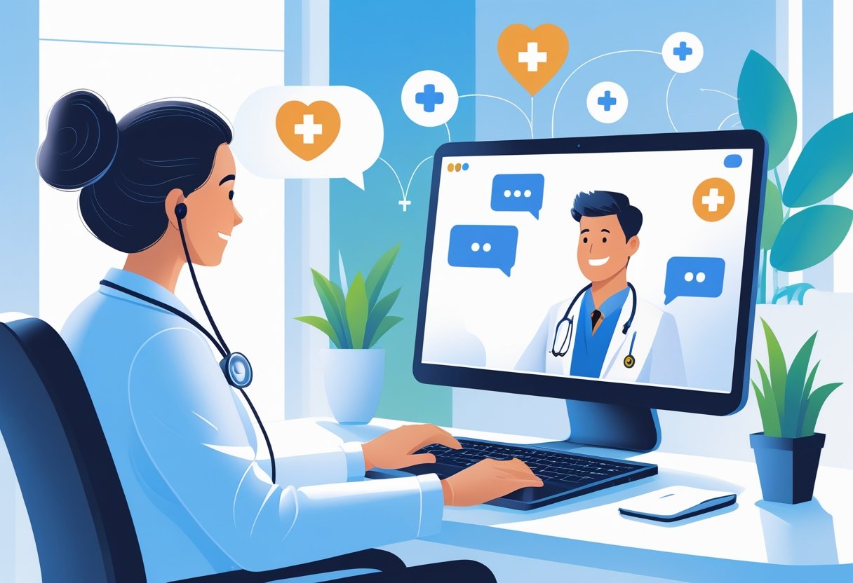 Paciente em casa participando de uma consulta médica virtual por vídeo chamada com um médico visível na tela do laptop.