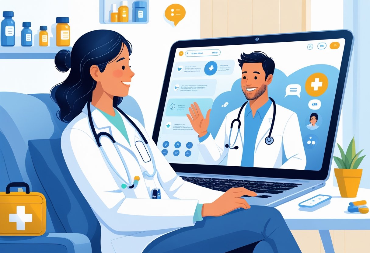 Paciente em casa realizando uma consulta médica virtual com um doutor na tela do computador.