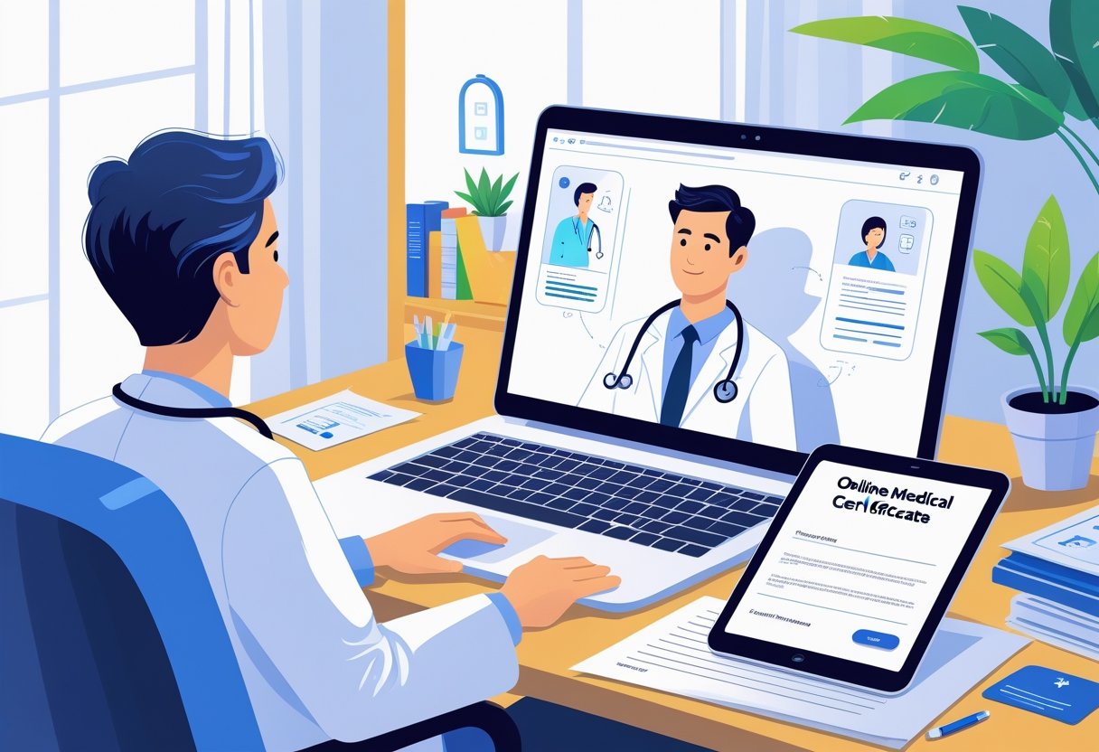 Paciente em casa conversando com médico por vídeo chamada, com documentos médicos e certificado digital na mesa.