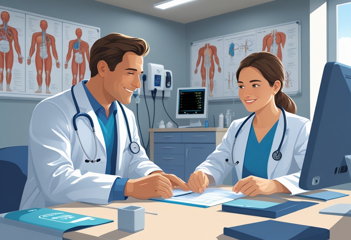 Um médico atendendo um paciente em um consultório médico moderno, com equipamentos e materiais médicos ao redor.