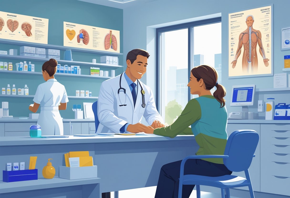 Cena de atendimento médico ambulatorial com médico consultando paciente em clínica moderna e equipe de enfermagem ao fundo.