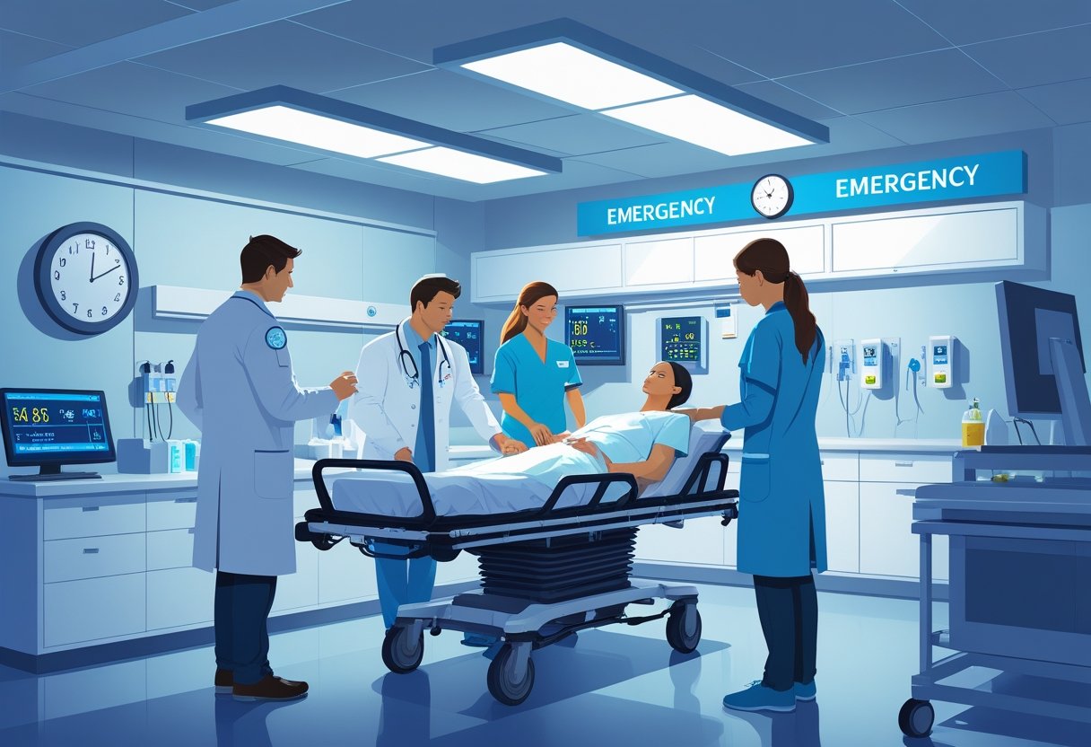 Equipe médica atendendo pacientes em uma sala de emergência de hospital durante a noite.