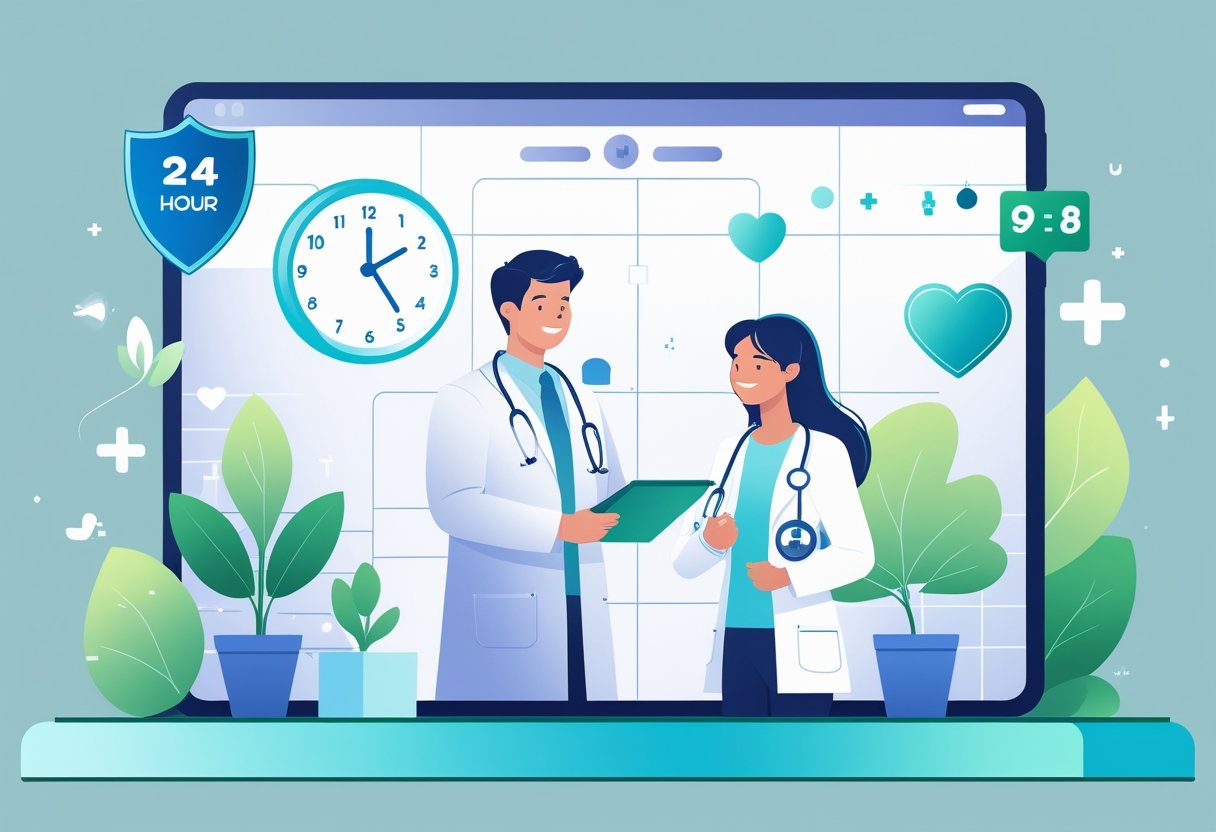 Médico atendendo paciente em clínica moderna com relógio ao fundo mostrando diferentes horários, símbolos de proteção, saúde, disponibilidade e emergência ao redor.