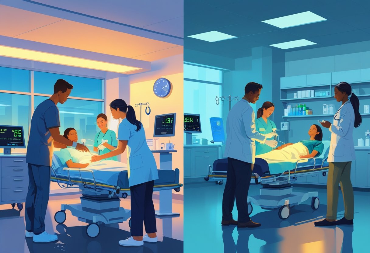Profissionais de saúde atendendo pacientes em um hospital moderno durante o dia e a noite, mostrando atendimento médico disponível 24 horas.