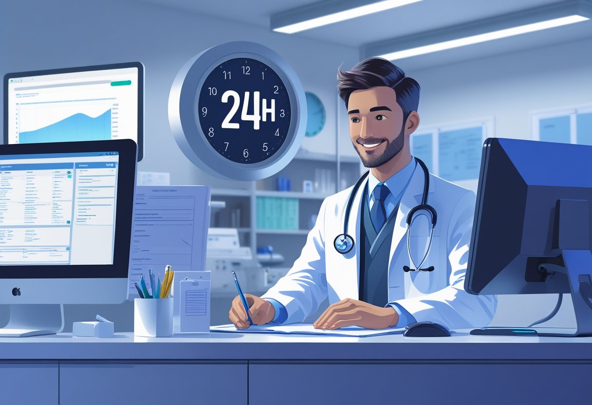 Cena de uma clínica médica moderna com um médico atendendo um paciente, mostrando que o atendimento está disponível 24 horas por dia.