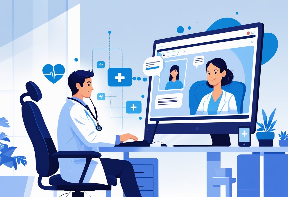 Médico em consultório realizando uma consulta por vídeo com um paciente em casa, com ícones digitais relacionados à saúde ao redor.
