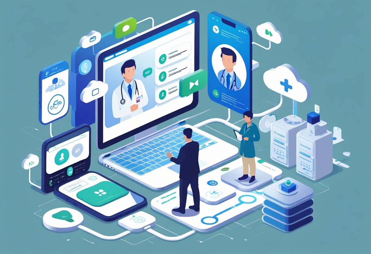 Ilustração mostrando diferentes tipos de telemedicina com médico atendendo paciente por vídeo, dispositivos móveis e aparelhos de saúde conectados digitalmente.