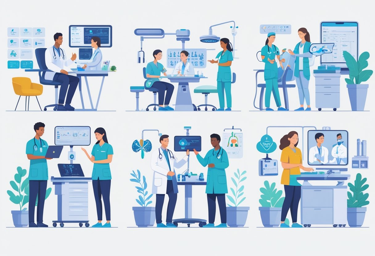Profissionais de saúde atendendo pacientes em diferentes modalidades, incluindo consulta médica, telemedicina, procedimentos diagnósticos e atendimento domiciliar.