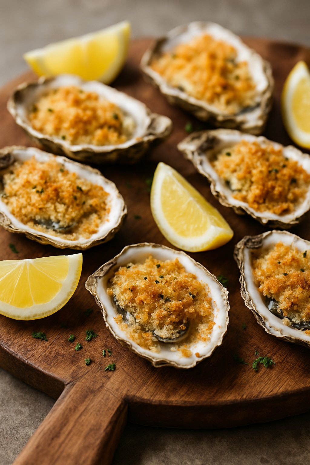 Close-up of baked oysters with crispy breadcrumbs and lemon wedges on a wooden board.