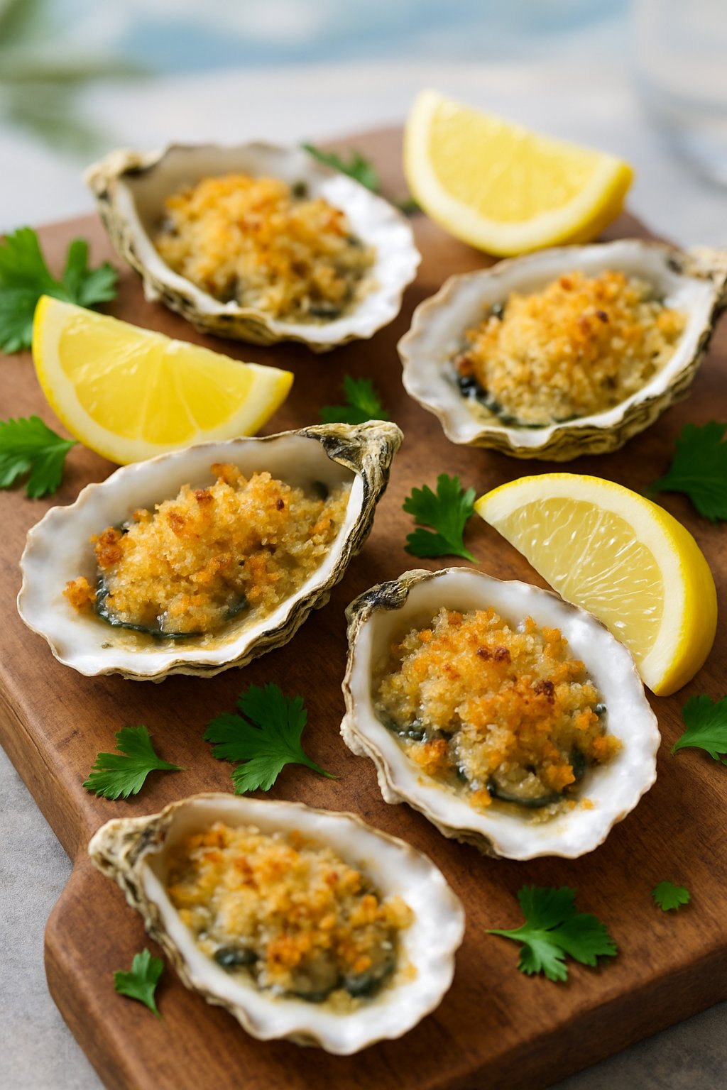 Close-up of baked oysters with crispy breadcrumbs and lemon wedges on a wooden board.