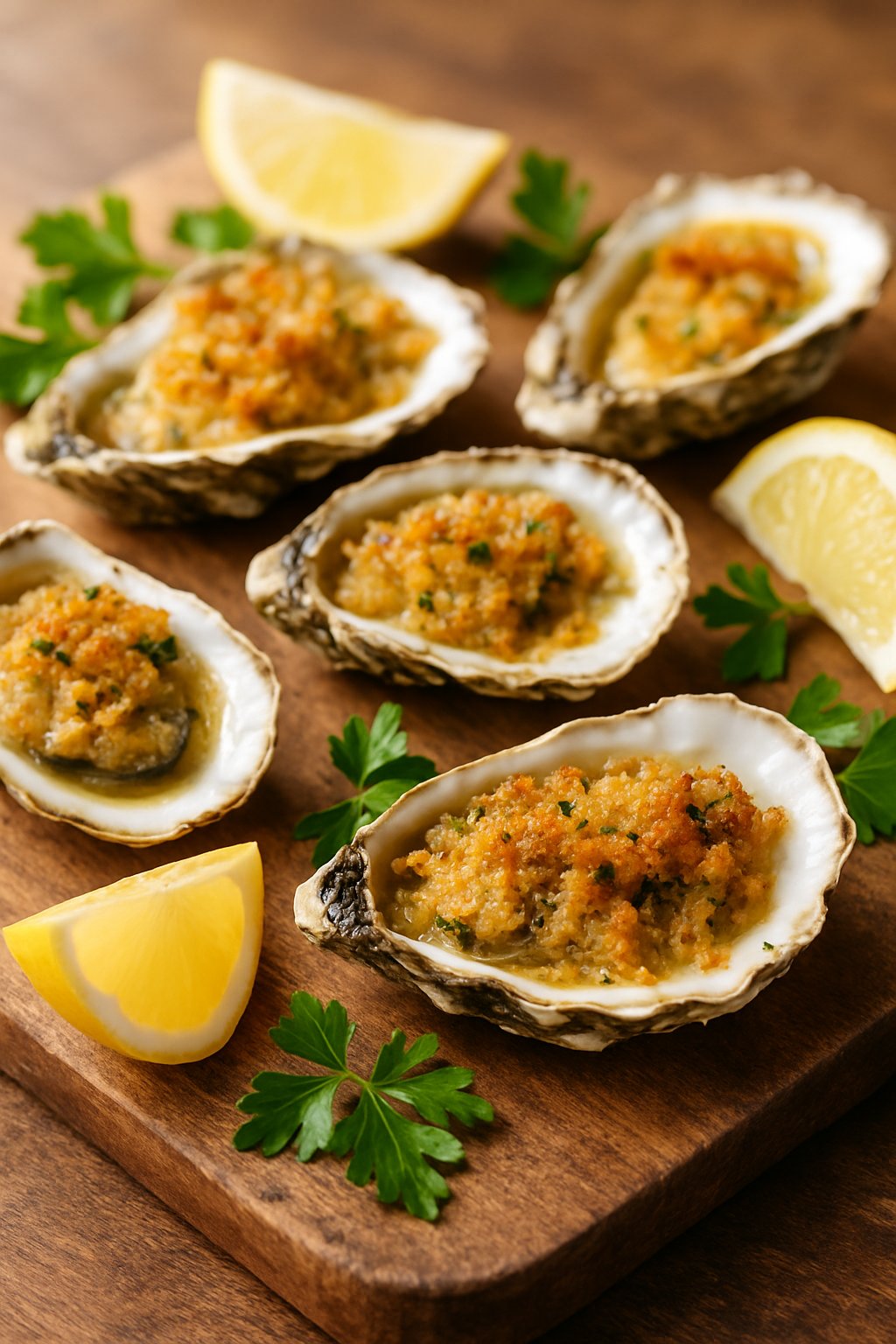 Close-up of baked oysters on a wooden board topped with crispy breadcrumbs and lemon wedges.