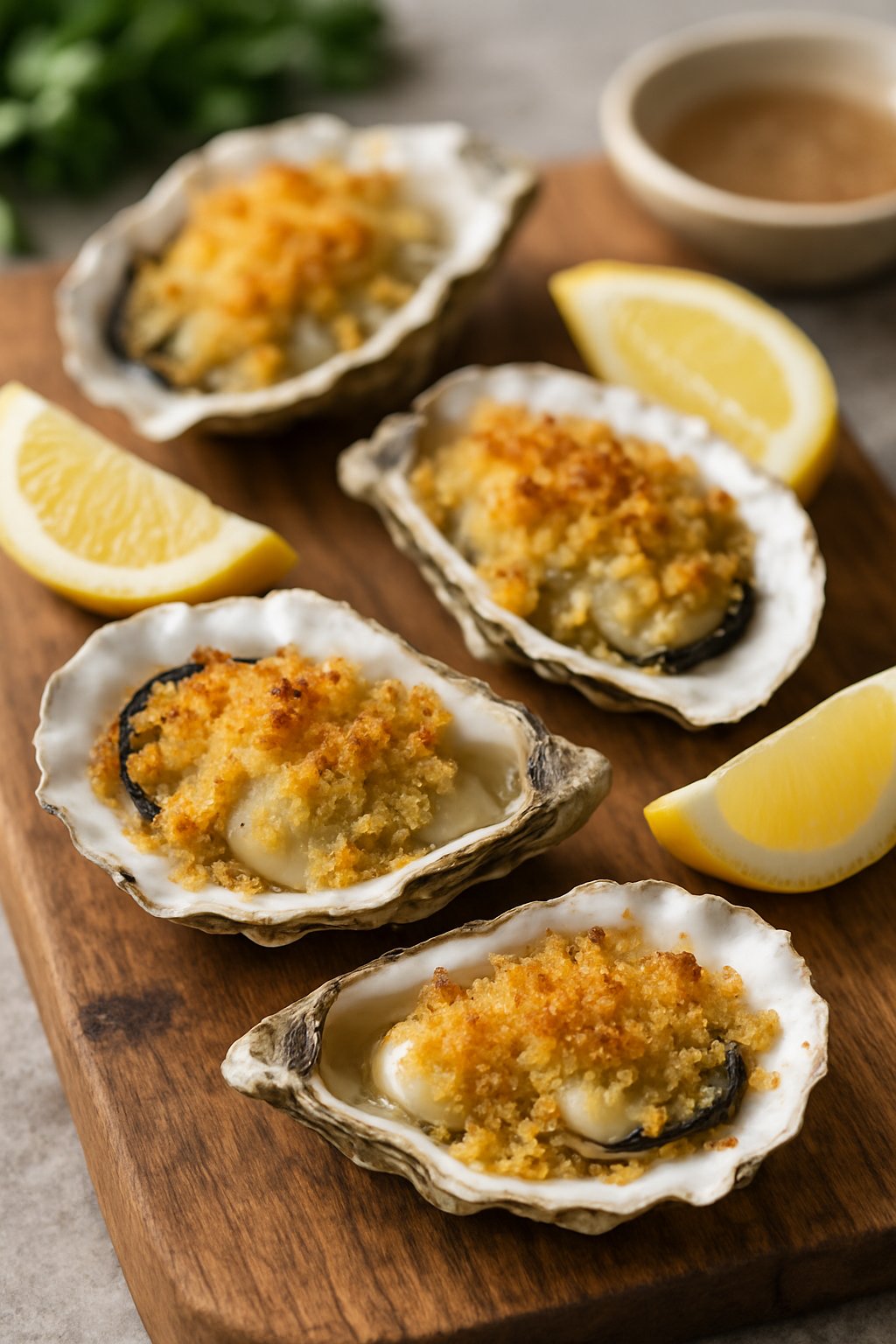Close-up of baked oysters with crispy breadcrumbs and lemon wedges on a wooden board.