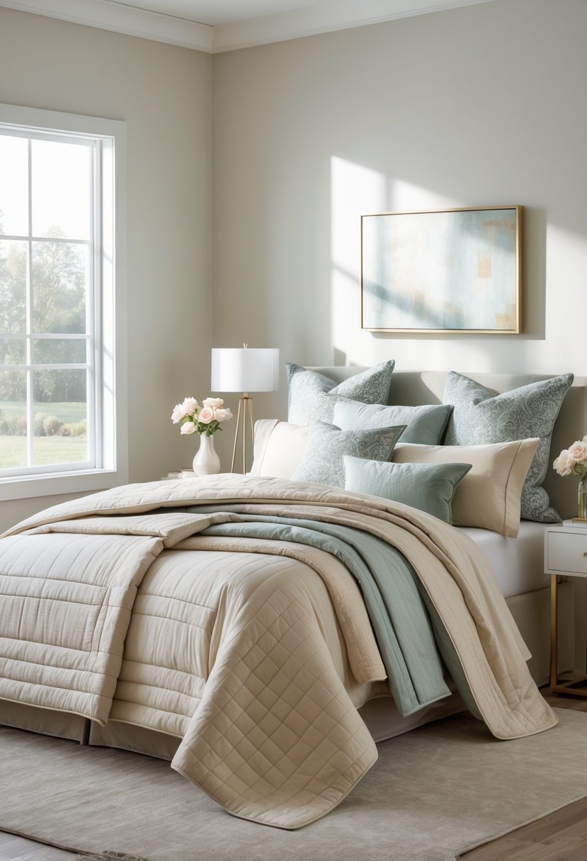 Guest Bedroom Ideas 2026: 21 Stylish Ways To Refresh Your Space 3 A guest bedroom with a neatly made bed featuring multiple layers of bedding and decorative pillows, illuminated by natural light from a nearby window.