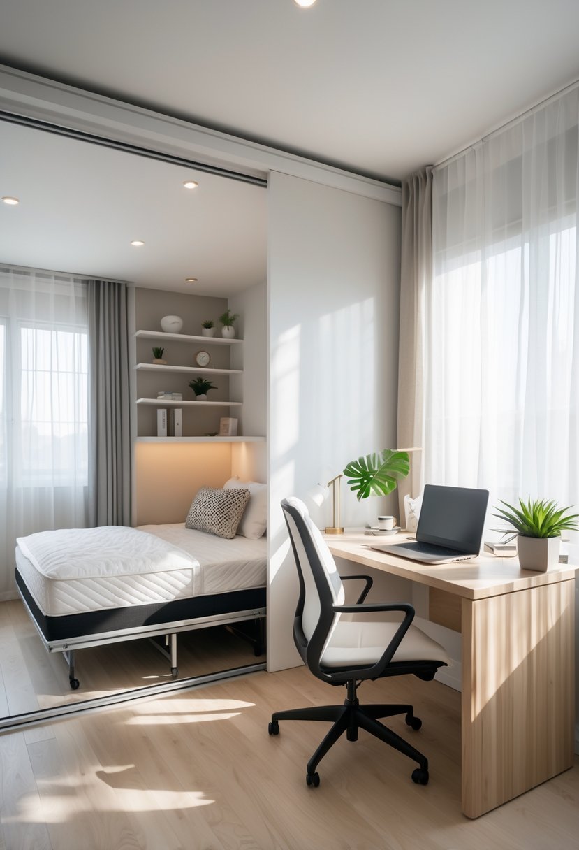 Guest Bedroom Ideas 2026: 21 Stylish Ways To Refresh Your Space 5 A modern room with a Murphy bed partially folded down next to a home office desk with a laptop and chair, illuminated by natural light from large windows.