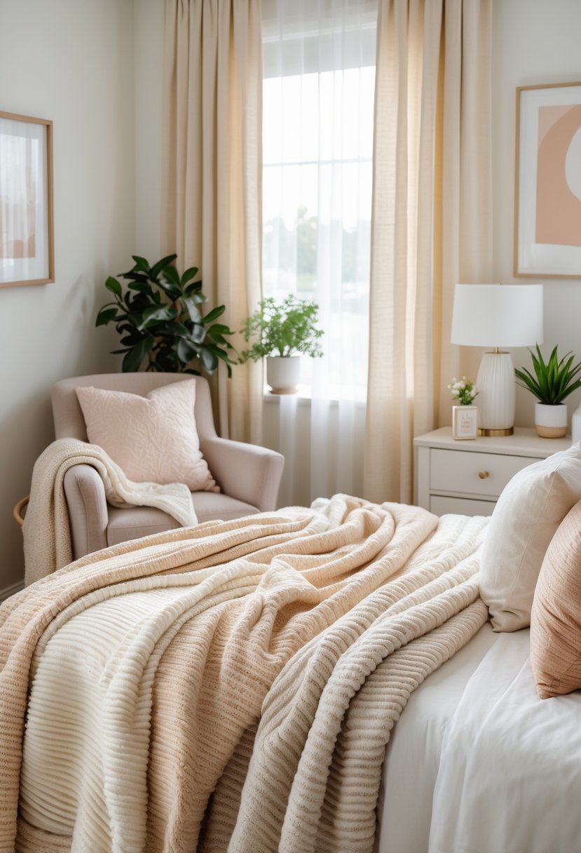 Guest Bedroom Ideas 2026: 21 Stylish Ways To Refresh Your Space 7 A guest bedroom with a neatly made bed covered in multiple cozy throw blankets, a comfortable armchair with a blanket, a bedside table with a lamp, and natural light coming through a window.