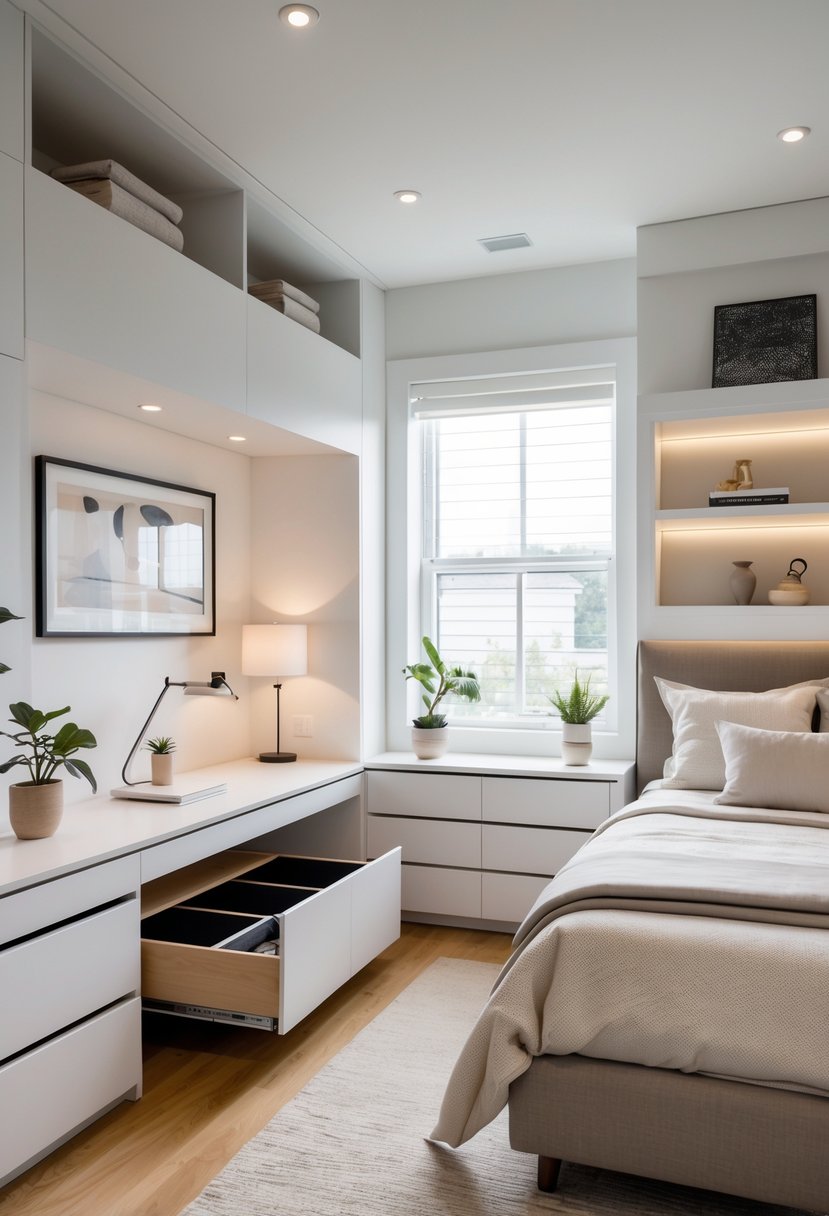Guest Bedroom Ideas 2026: 21 Stylish Ways To Refresh Your Space 8 A guest bedroom with a bed, built-in shelves, under-bed storage drawers, a desk near a window, and decorative plants.