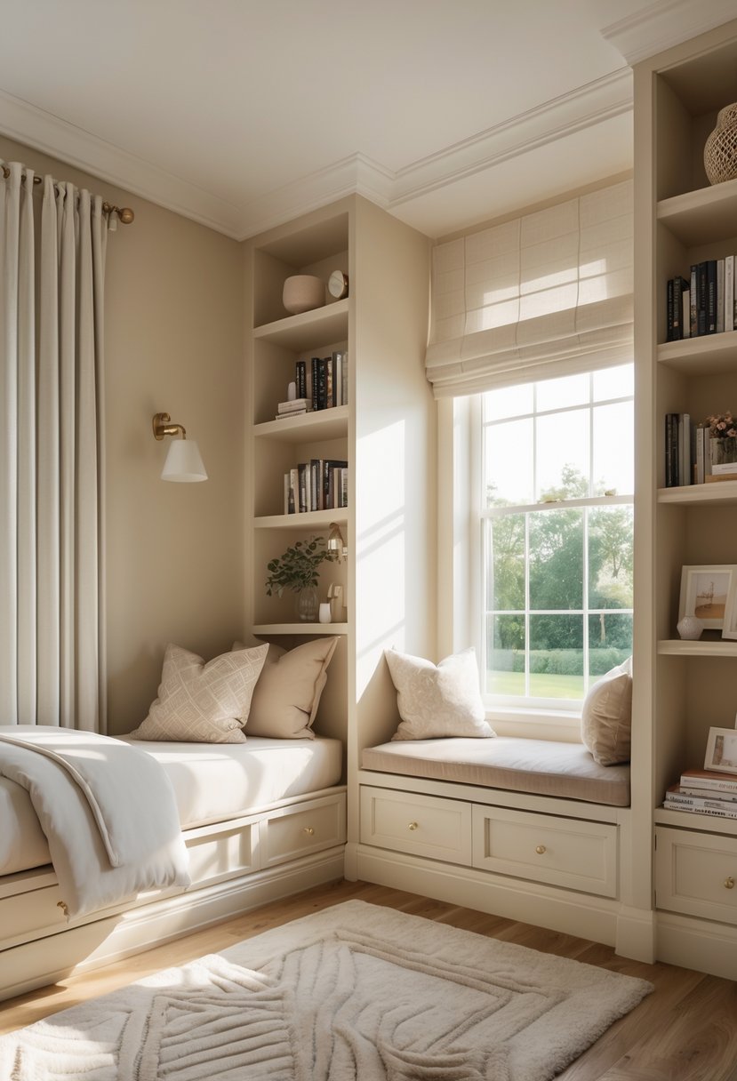 Guest Bedroom Ideas 2026: 21 Stylish Ways To Refresh Your Space 9 A guest bedroom with a single bed and a small reading nook featuring a cushioned window seat and bookshelves filled with books.