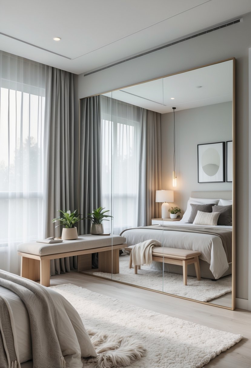 Guest Bedroom Ideas 2026: 21 Stylish Ways To Refresh Your Space 10 A guest bedroom with a full-length mirror, a queen-sized bed, bedside table with lamp, and natural light coming through large windows.